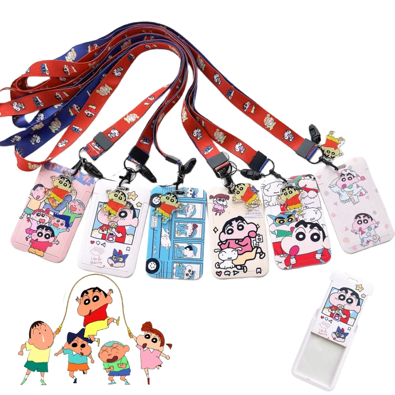 Bandai Crayon Shin-chan Cartoon Long Rope Badge Card Holder Sliding Student Card Protective Case School Bag Pendant Keychain