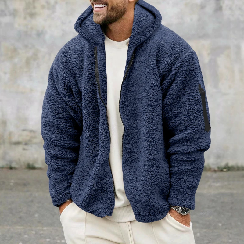Men's Fluffy Casual Loose Street Jacket Jacket, Vintage Zippered Hooded Warm Jacket