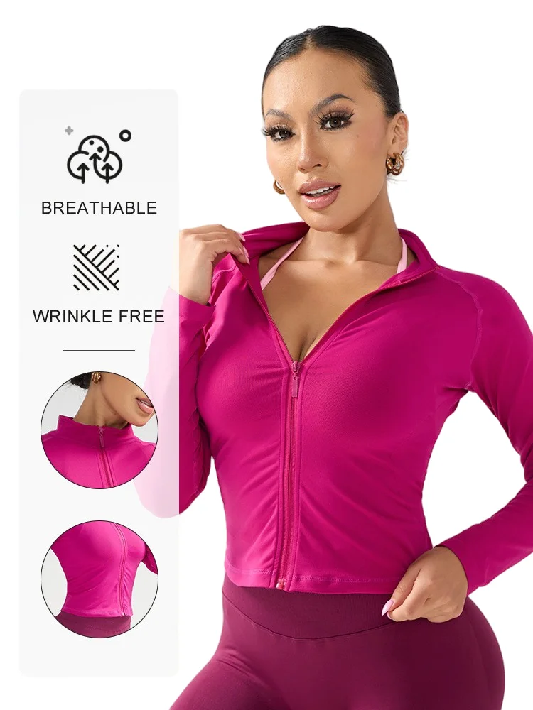 

Women's Windproof Yoga Jacket Zipper Stand-up Collar Slim-fit Version Sports Long Sleeve Warm Fitness Clothing with Pockets