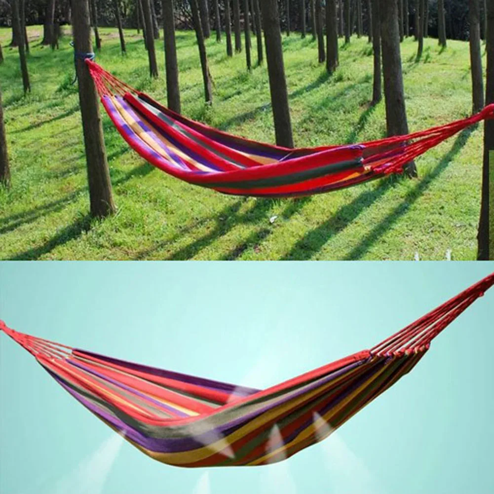 Outdoor Double Hammock Camping Sleeping Stripe Canvas Hanging Bed Garden Swing Hammock with Tree Ropes Load-bearing Up to 200kg