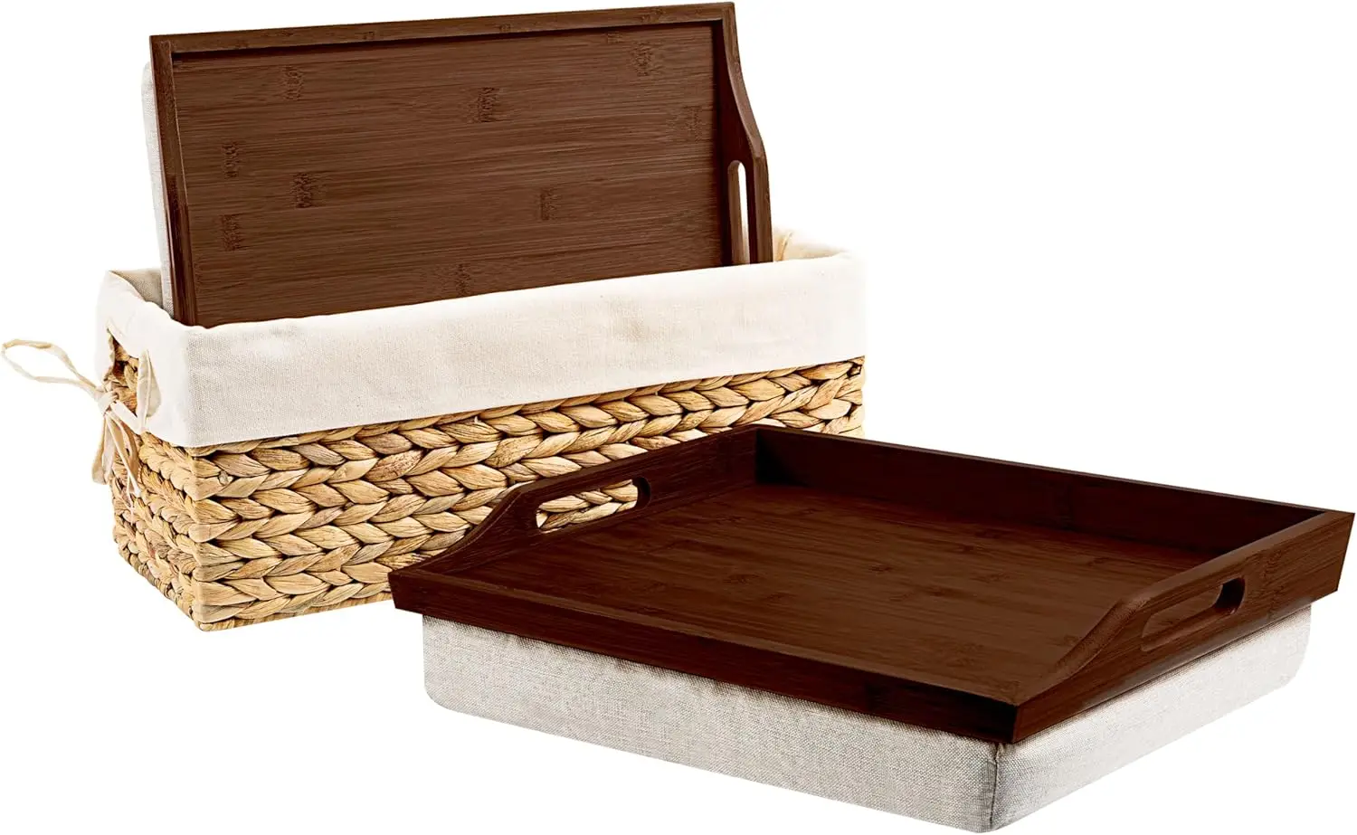 

Bamboo Wood Bed Tray Set of Two with Storage Basket, Lap Desk for Laptops up to 15.6 Inch