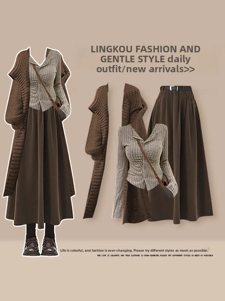 

Winter College Sle Knitted Sweater And Skirt Set Ele Slimming Tee Piece Women's Faion Ensemble High Waist Skirt