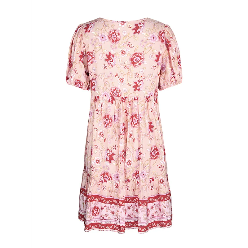 【Party-Decoration】Women Casual- Summer Dress Boho V Neck Short Sleeve Babydoll Floral Print Flowy Beach Dress