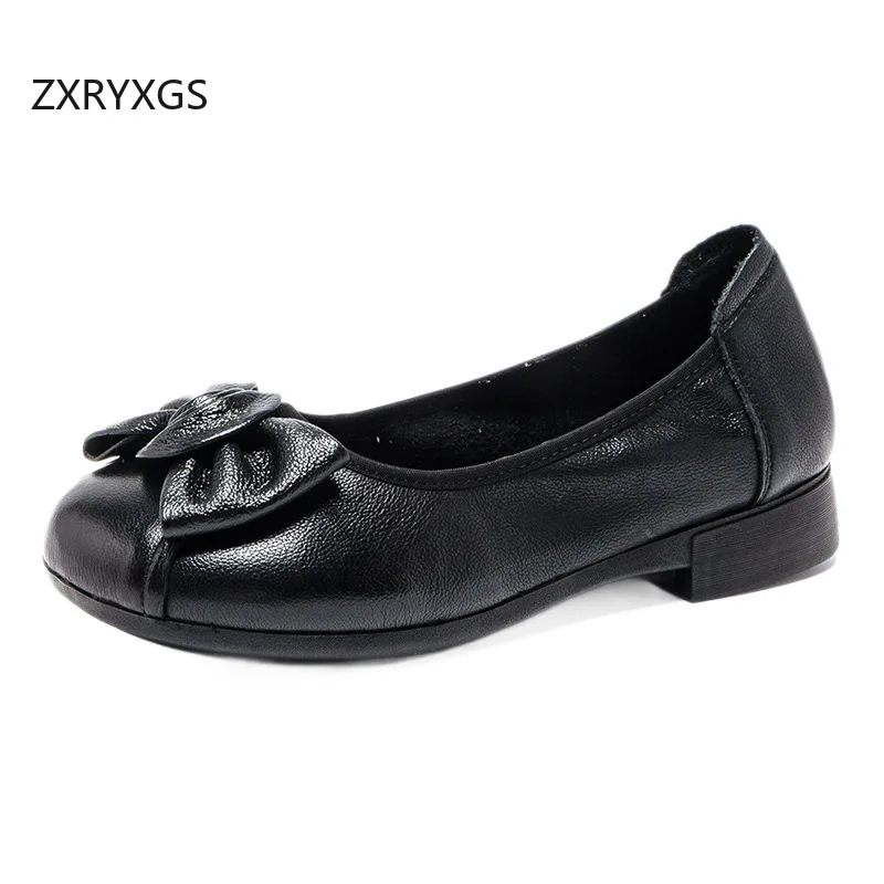 ZXRYXGS Promotion Soft Cowhide Bow Women Flats Fashion Casual Shoes 2026 Autumn Real Leather Shoes Flat Soft Comfortable Shoes