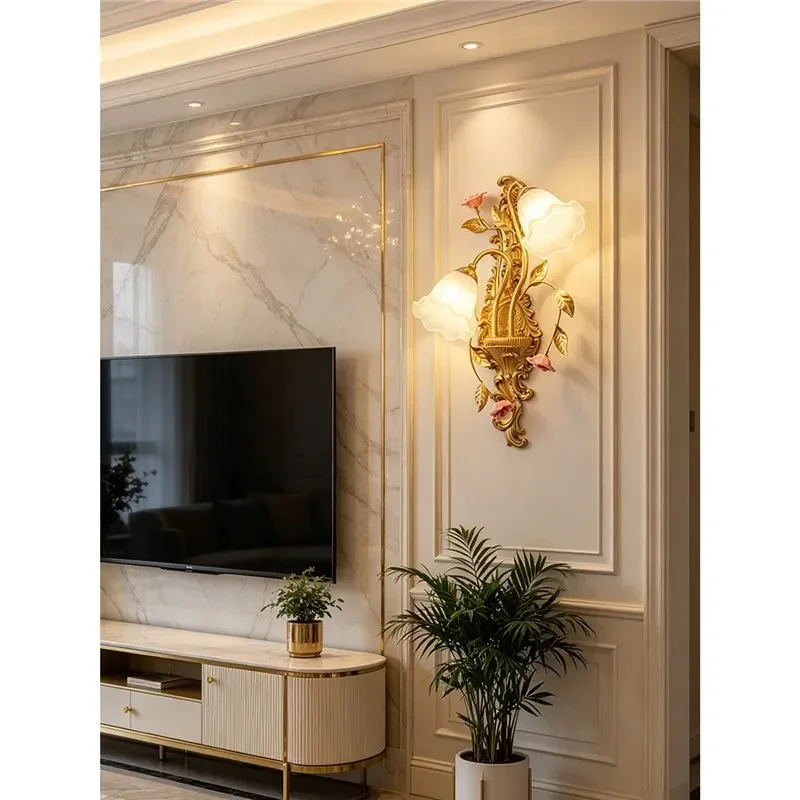 Vintage French Wall Sconce with Rose Flower Design American Pastoral Style Lighting for Living Room Bedroom Bedside and Stair
