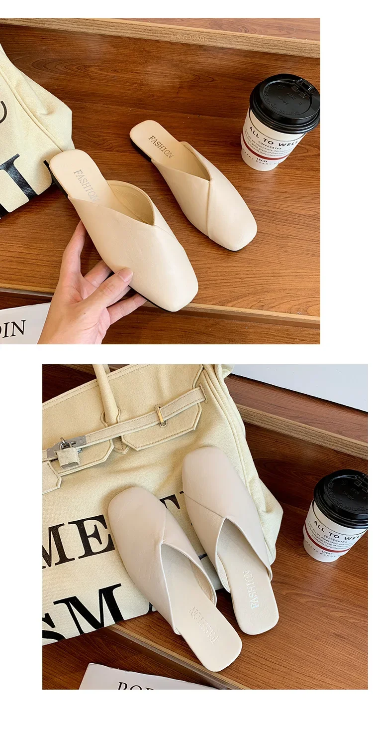 Frauen Maultiere 2024 Sommer Elegante Platz Geschlossene Zehe Flache Hausschuhe Weibliche Schuhe Casual Leder Schwarz Weiß Rutschen Plus Größe 35-43 – Detail 5