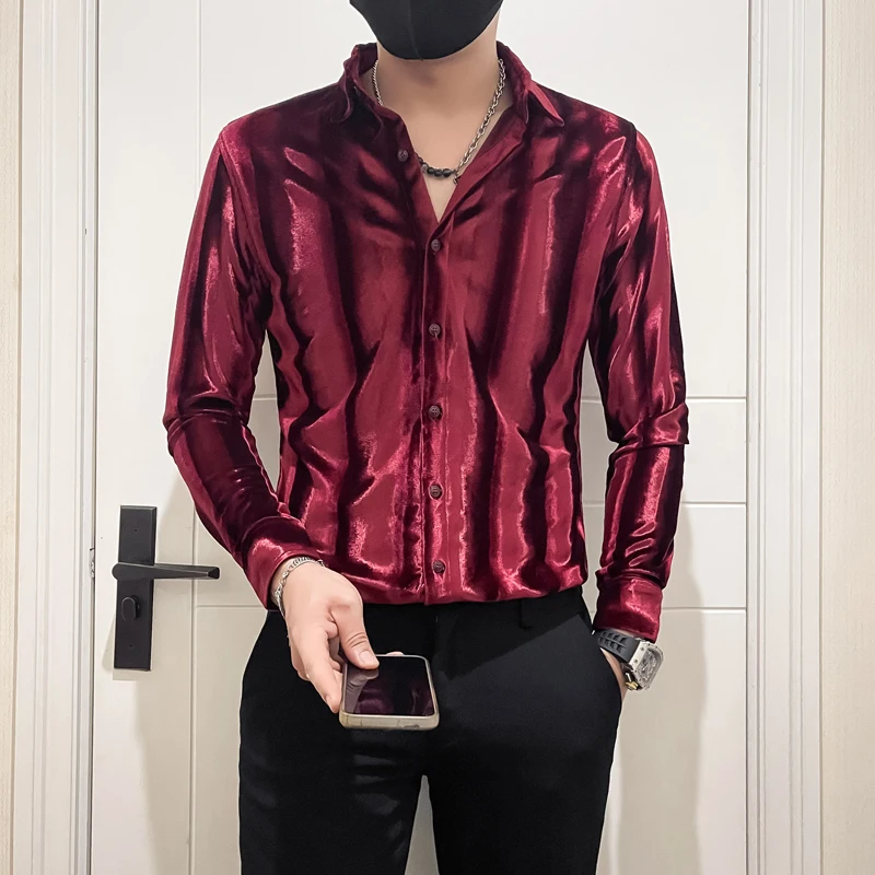 Korean Striped Velvet Shirt for Men Long Sleeve Slim Fit Casual Shirts High Quality Social Business Party Tuxedo Blouse 2024