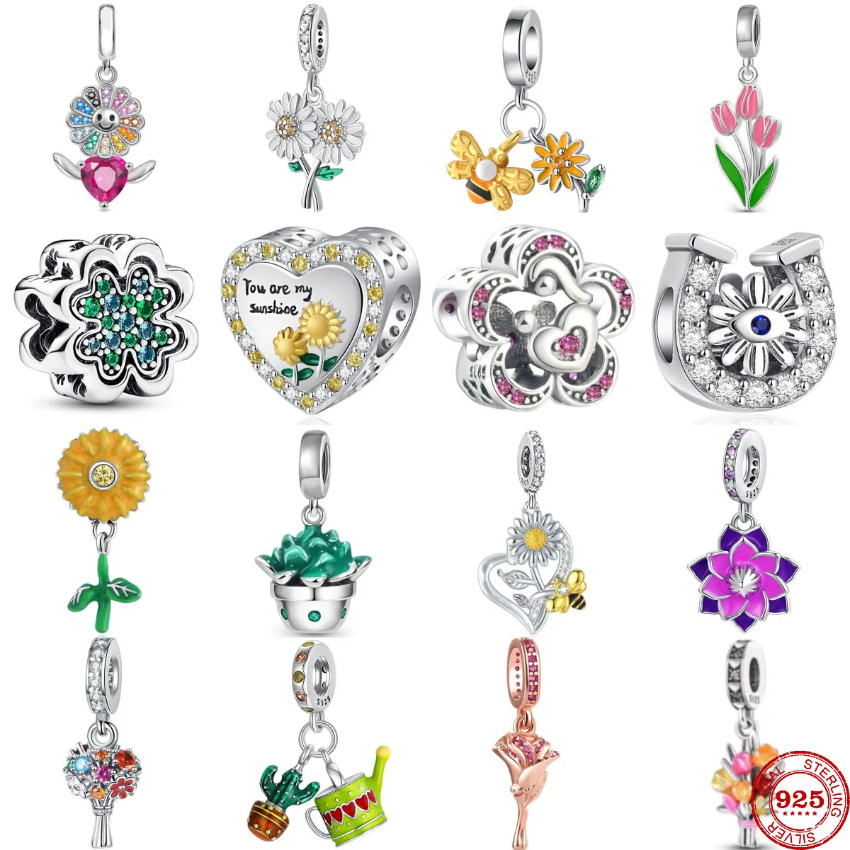 New 925 Sterling Silver  Sunflower Tulip Lucky Grass Dangle Pendant Beads Diy Fit Original Pendant Charm Bracelet Women Jewelry