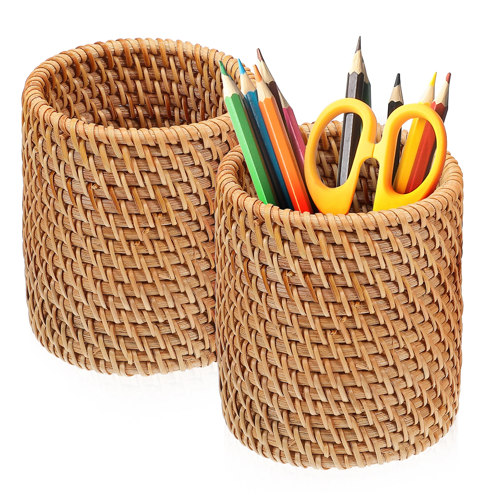

2 Pcs Rattan Pen Holder Vintage Pencil and Woven Organizer Decorate Cup Wooden Large Rustic Work