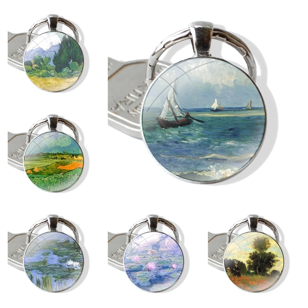 Glass Metal Pendant Key Chain Classic Men Women Key Ring Accessories Jewelry Gifts Claude Monet painting