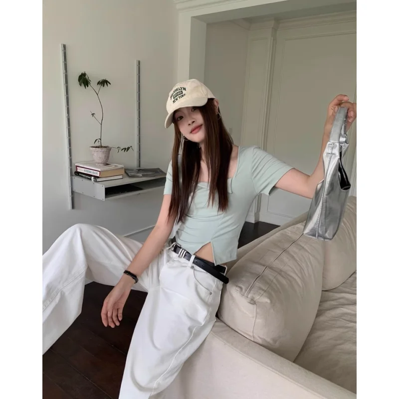 

T Shirt For Women Green Solid Irregular Vintage Personalized Trend Fashion NEW Y2K Style Summer Female Clothing Black Short Tops