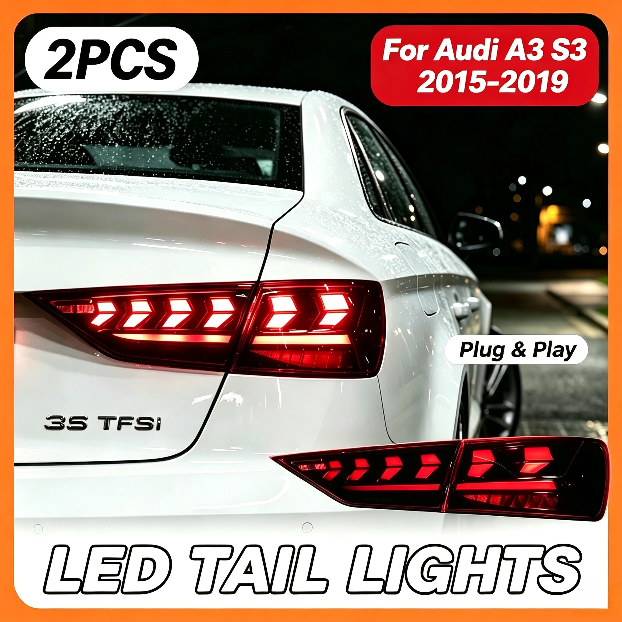 2 Stück LED-Rückleuchten-Set für Audi A3 S3 2015-2019 mit sequenzieller Blinkfunktion, Brems-, Nebel- und Rückfahrlicht, Plug-and-Play-Rückleuchte