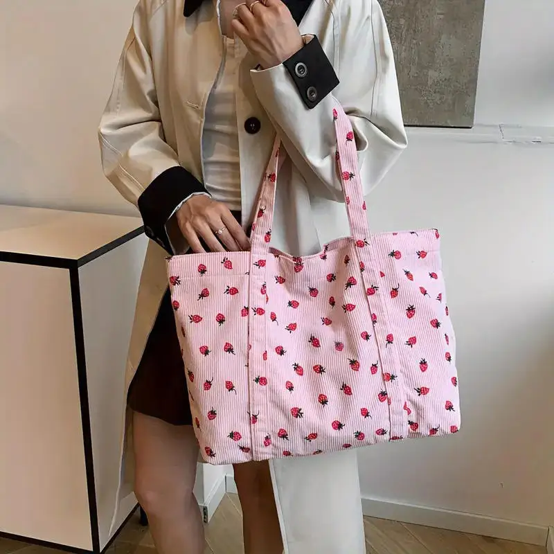 

Stylish Cherry Print Tote Bag for Women Lightweight Corduroy Large Capacity Zipper shoulder bag for Daily Use Commuting Shopping