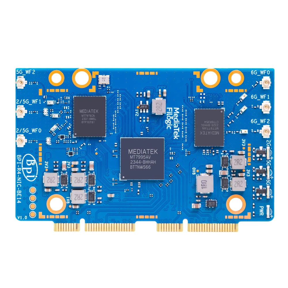 

BPI-R4-NIC-BE14 Development Board BPI-R4 WiFi 7 Module MediaTek MT7995AV chipset Frequency band 2.4/5/6GHz 32-bit RISC-V MCU