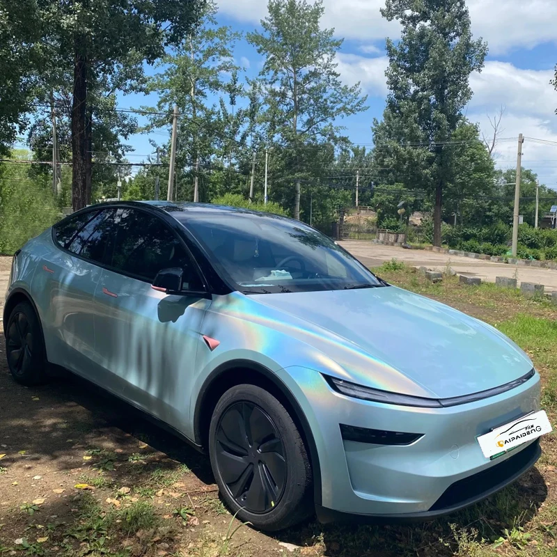 Hot Selling 1.52*17M Glossy PET Rainbow Laser Vinyl Wrap Self-Healing Glacier Blue Full Body Car Color Changing Film