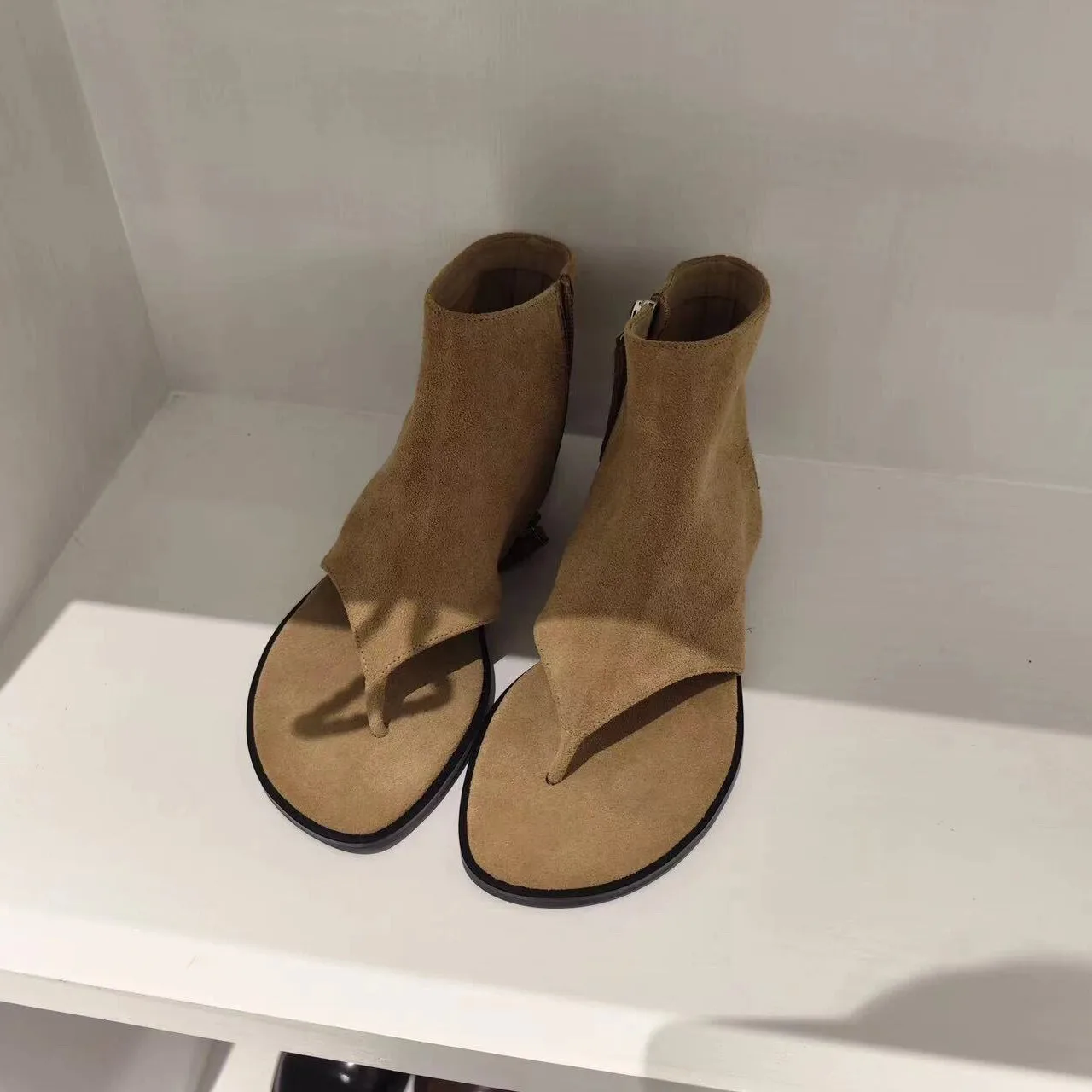 

Women Camel Suede Thong Ankle Boot Sandals Open Toe with Zipper Closure Flat Sole for Summer Daily Wear Minimalist Boho Fashion