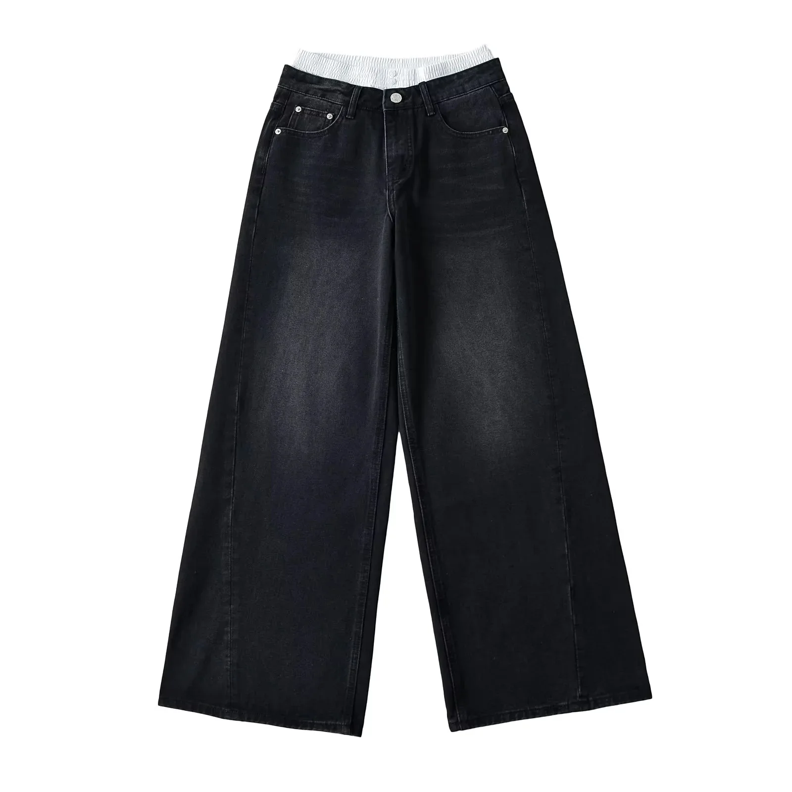 Pantalones vaqueros con diseño de bloqueo de retazos de calle, pantalones vaqueros elegantes de pierna recta, holgados, de pierna ancha