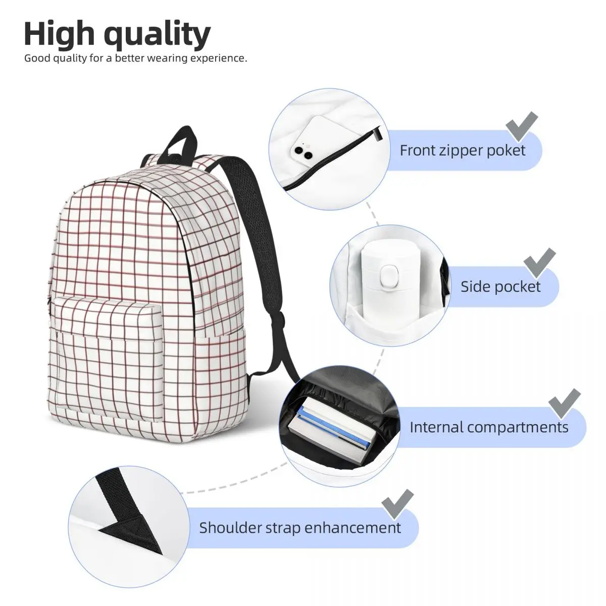 Mochila xadrez com bolso para homens e mulheres, bolsa de ombro universitária, mochila universitária, trabalho colegial, simples, retrô