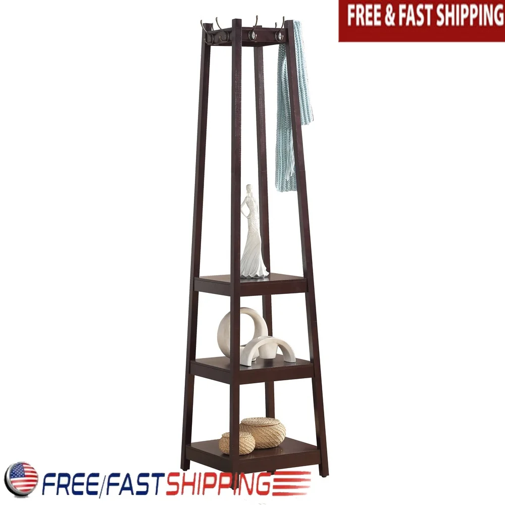 

Espresso Wood Coat Rack with 3-Tier Storage Shelves and Silver Hooks Coats Scarves Jackets Durable Home Organizer