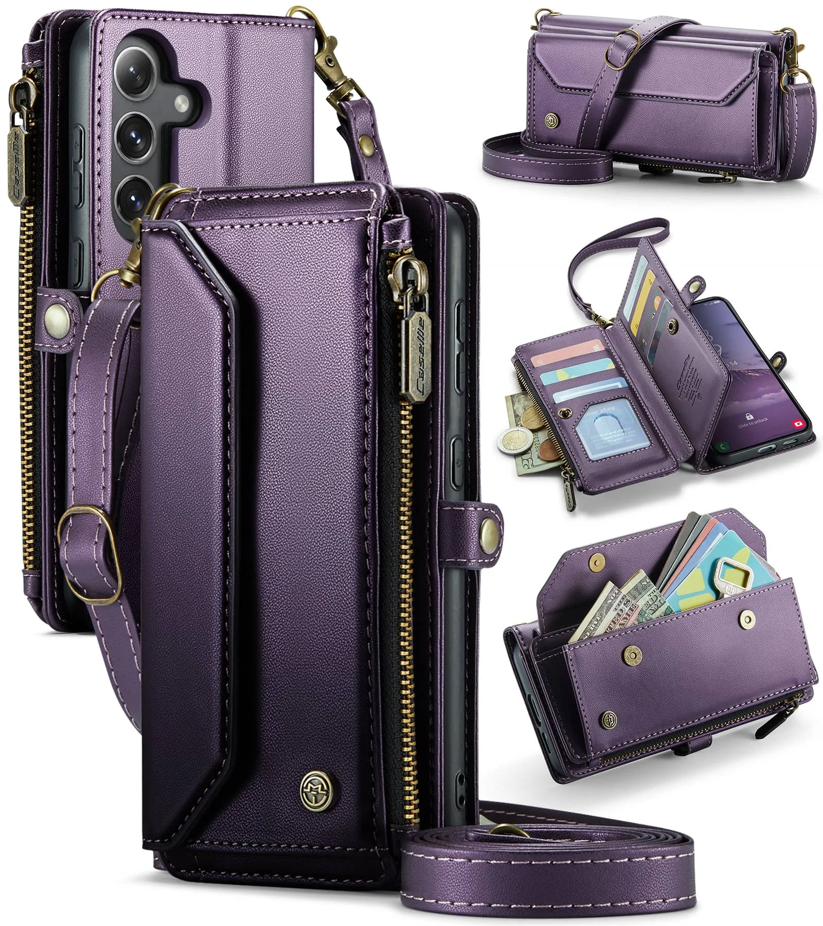 

Crossbody for Samsung Galaxy S25 FE Leather Wallet Case RFID Blocking 10 Card Holder Zipper Pocket Magnetic Flip Wristlet Strap