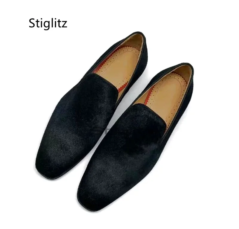 Black Horsehair Loafers for Men Round Toe Shallow Slip On High Quality Formal Dress Wedding Shoes Casual Flats Male Shoes