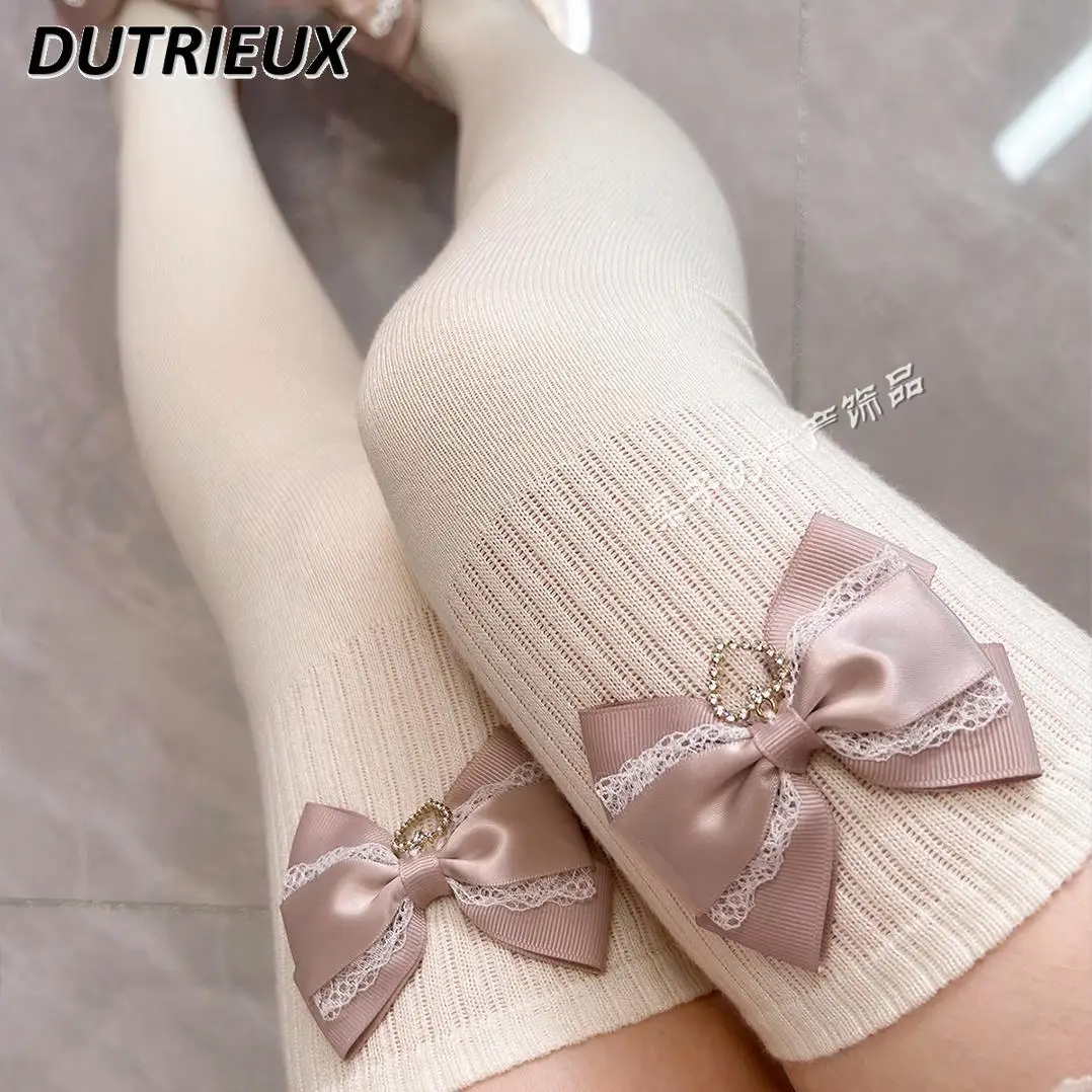 Mine Bow Cashmere Long Knee Socks Sweet Mass Production Cute Girls Versatile Lolita Thigh High Socks Stockings for Women