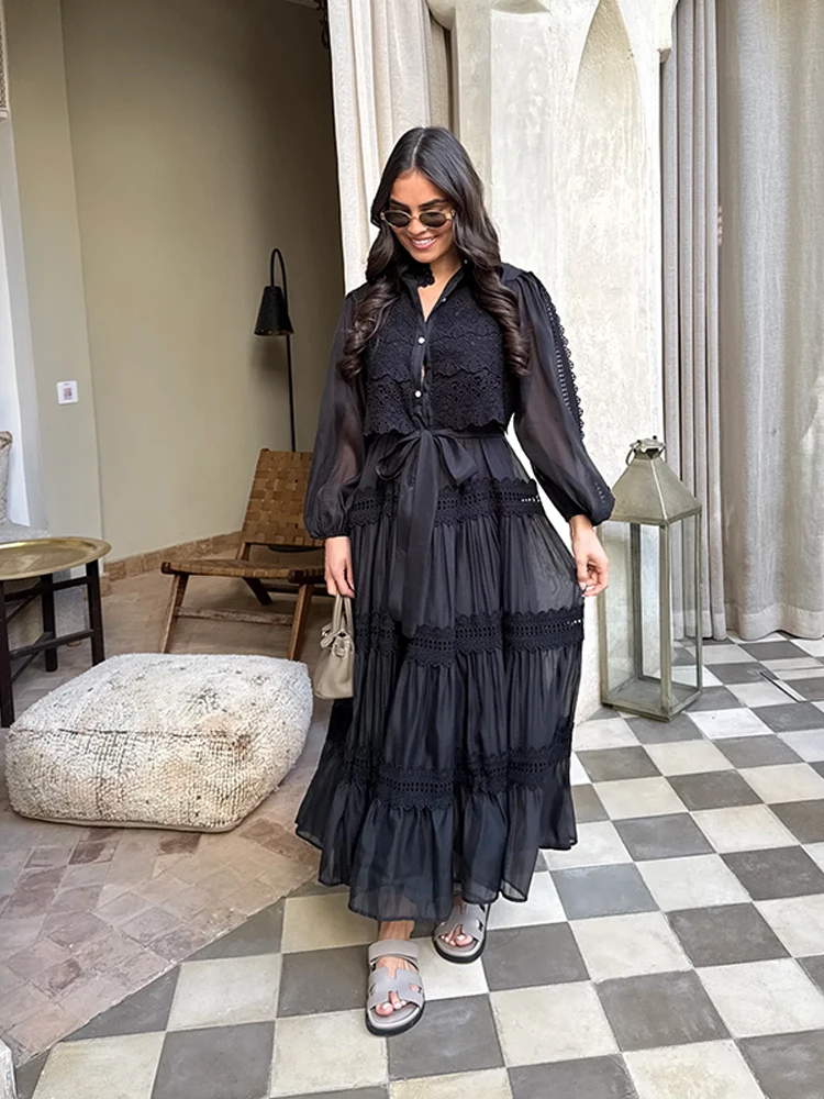 โคมไฟแขนยาว Hollow Out ดอกไม้ชุดยาวผู้หญิง Single Breasted Lace Up Patchwork เสื้อชุด Office Lady Vestido