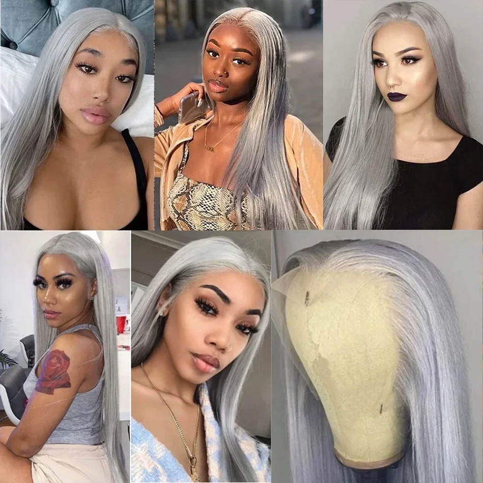 

Brazilian Silver Gray Remy Hair Wig Preplucked 180 Density Lace Frontal Wig Grey Straight Transparent Lace Front Human Hair Wigs