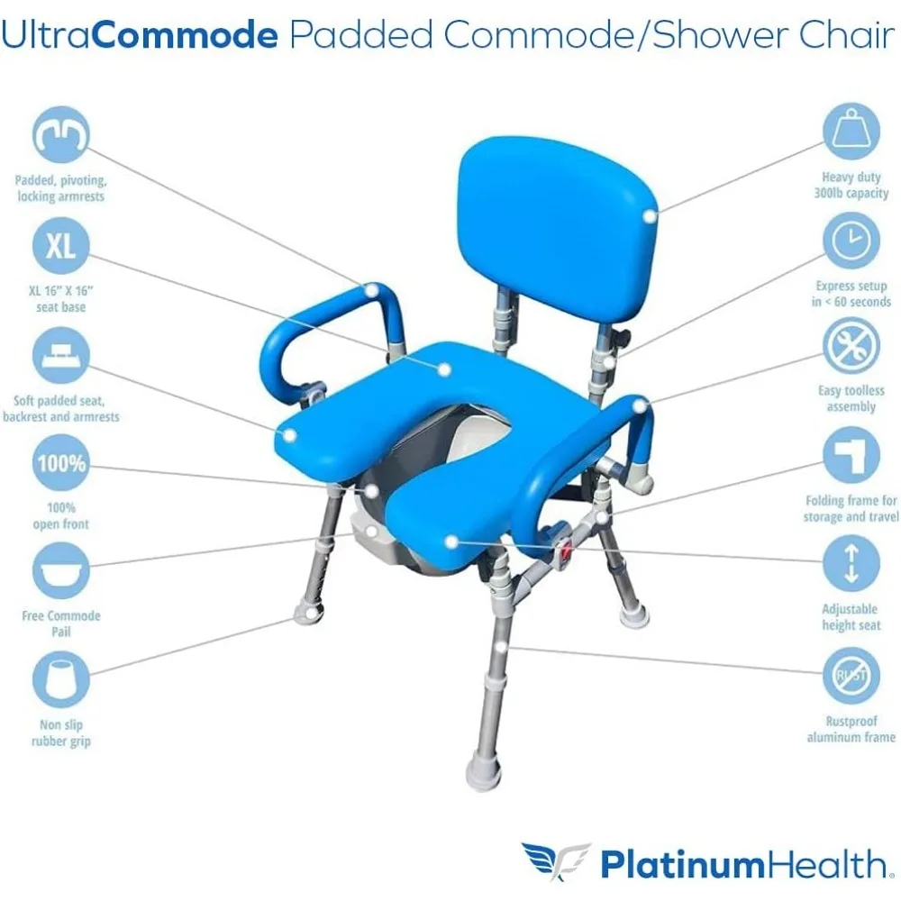 Foldable Commode and Shower Chair,Portable XL Toilet Seat with Open Front, Padded Pivoting Armrests,includes Free Commode Pail