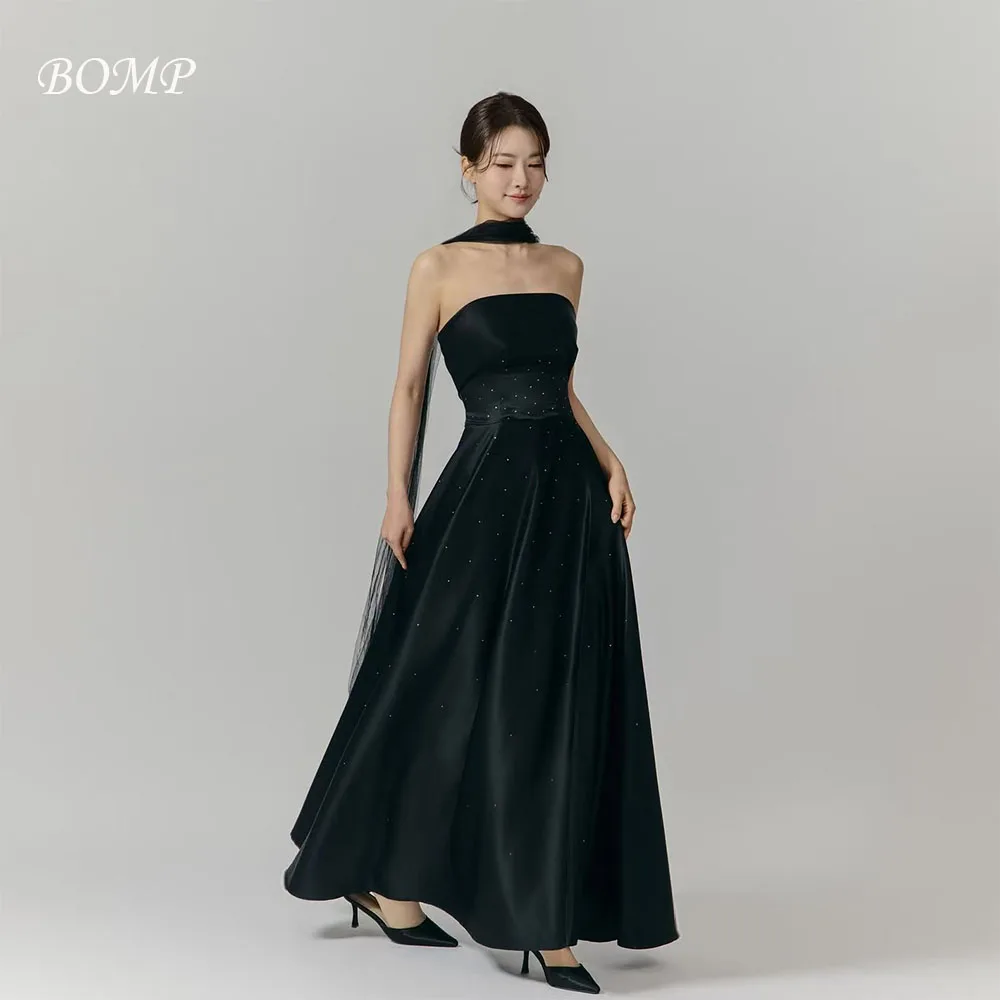 BOMP elegante zwarte kralen bruiloft feestjurk strapless vloerlengte taffeat Korea fotoshoot bruidsreceptiejurk op maat