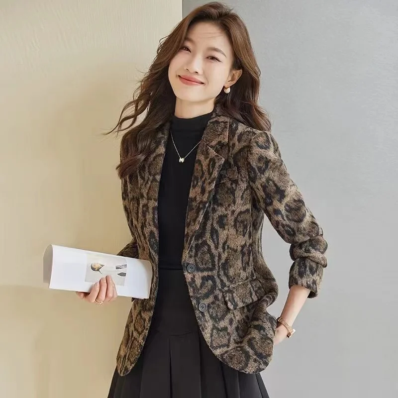 Women Leopard Printed Woolen Blazer Long Sleeve Single Breasted Autumn Winter Jacket Streetwear Ladies Blazer Female Outerwear