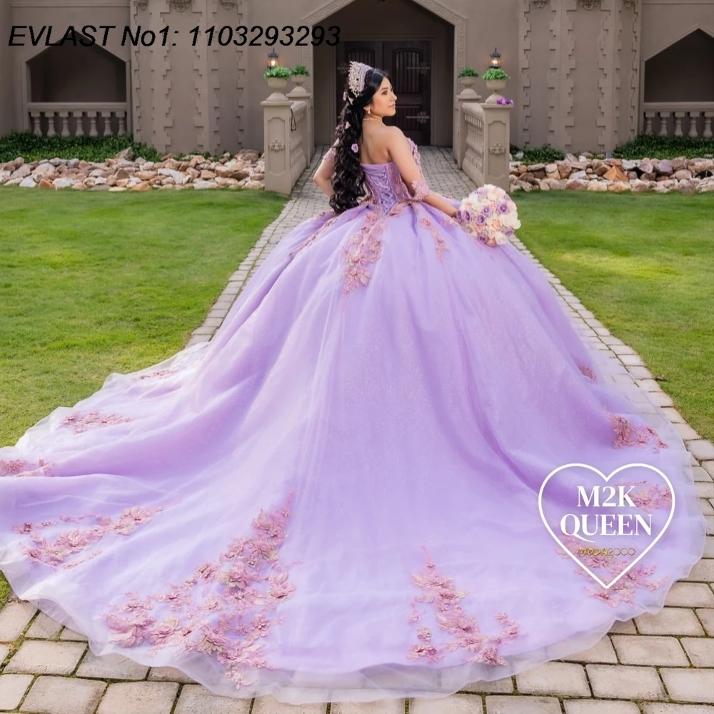

EVLAST блестящее сиреневое платье Quinceanera по индивидуальному заказу, бальное платье с кружевной аппликацией и бисером, Charro Sweet 16, Vestidos De 15 Anos E1QN564