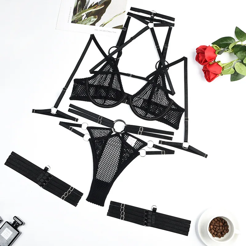 

CHUANGERM Mesh Lingerie Sensual Crotchless Erotic Sets Transparent Women's Underwear Uncensored Video Black Sexy Intimate 4Piece