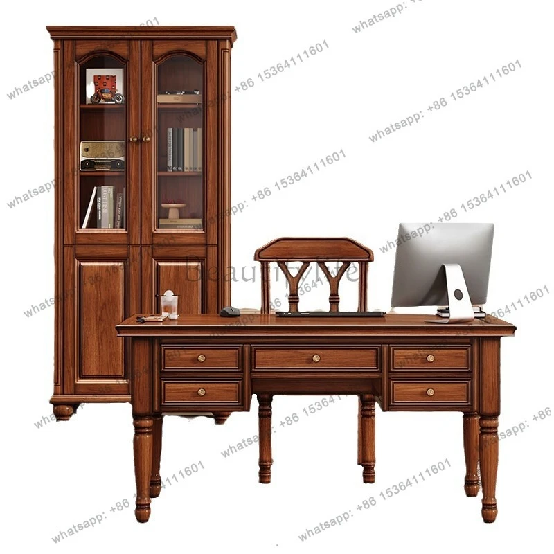 

American country solid wood desk home retro study solid wood desk chair combination