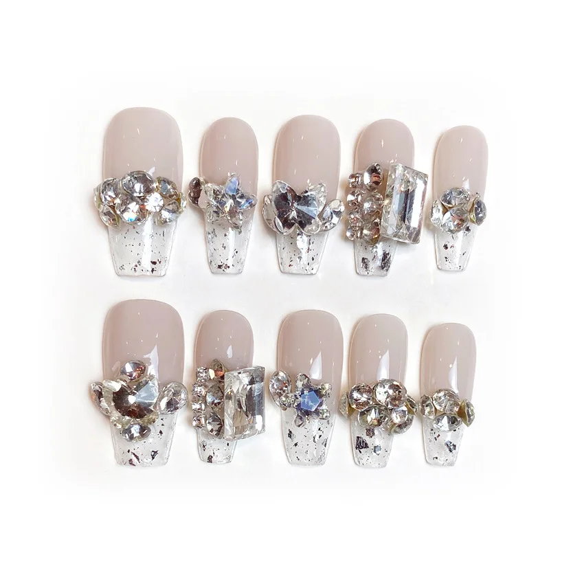 10pcs Handmade Shiny Crystal Decor Press on Nails French Bride Ballet False Nail Patches Wearable Korean Glitter Fake Nail Tips