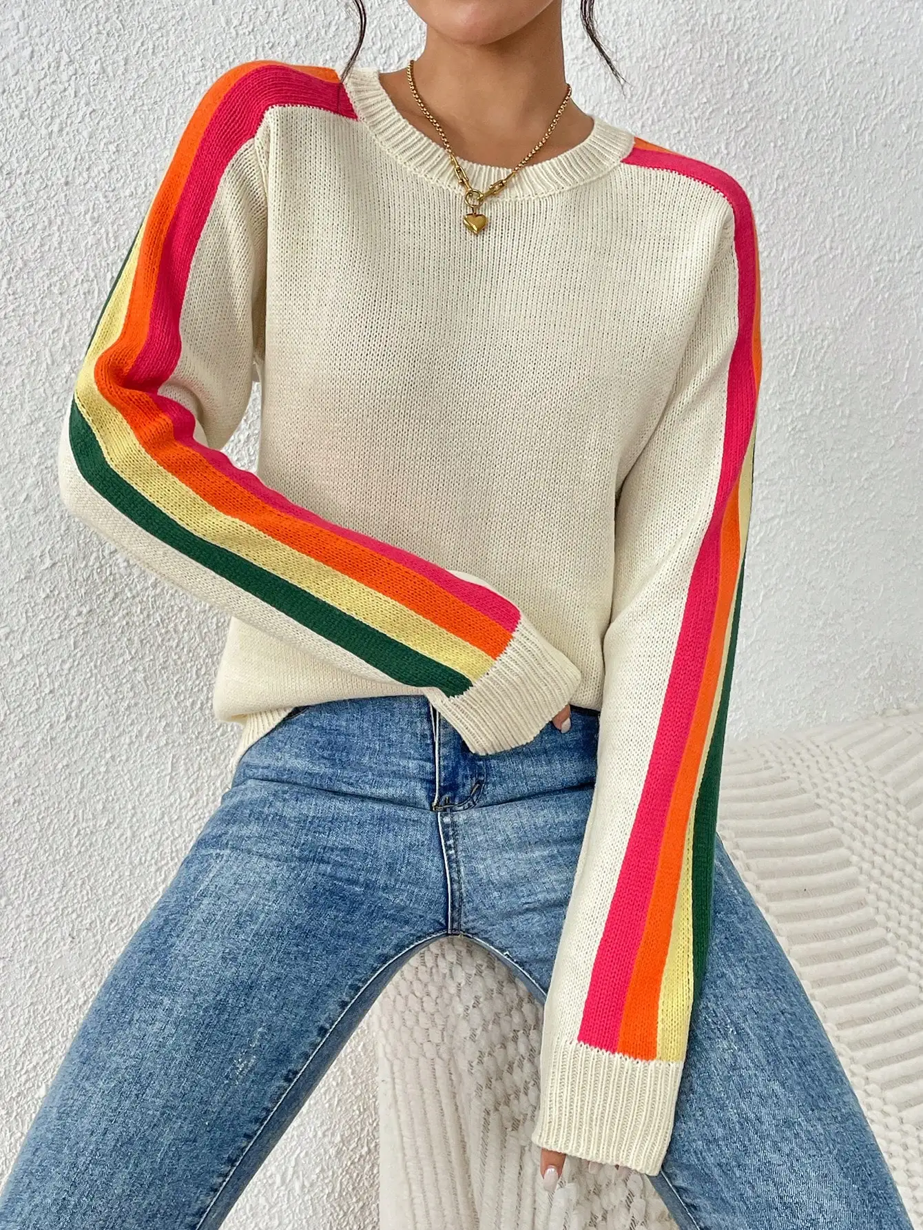 

Women's Cream Crew Neck Sweater with Bold Rainbow Stripes, Lightweight Casual Pullover