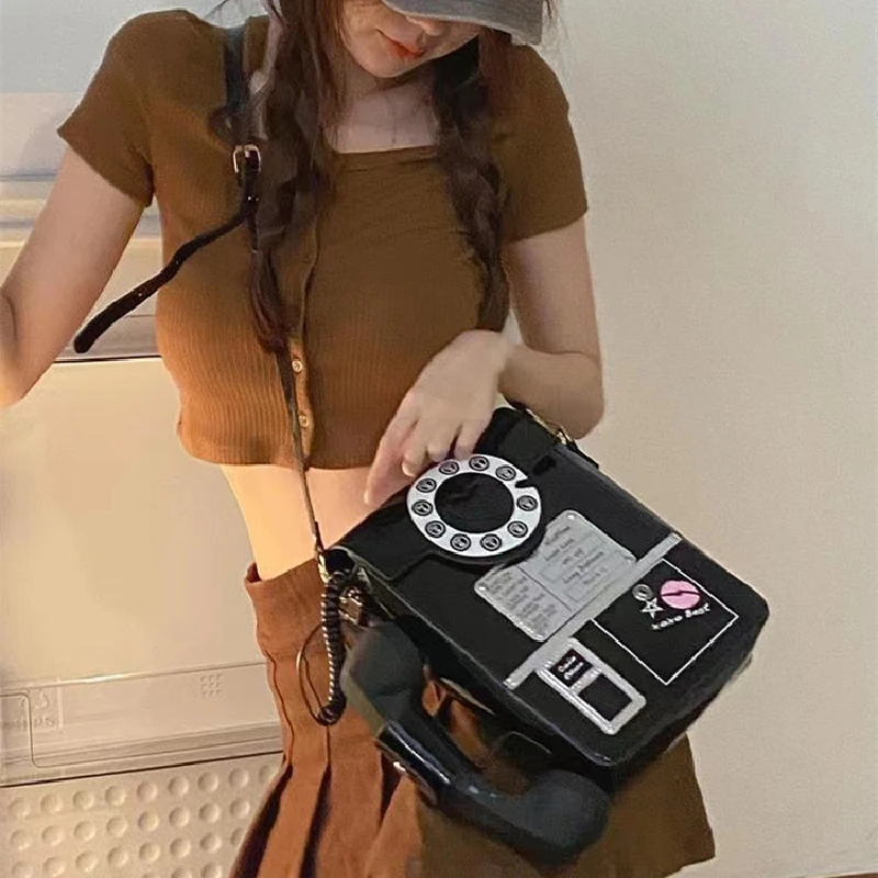 Funny Telephone Shaped PU Leather Handbag for Women Female Shoulder Bag Chain Messenger Bag Crossbody Satchel Purse Shopping Tot