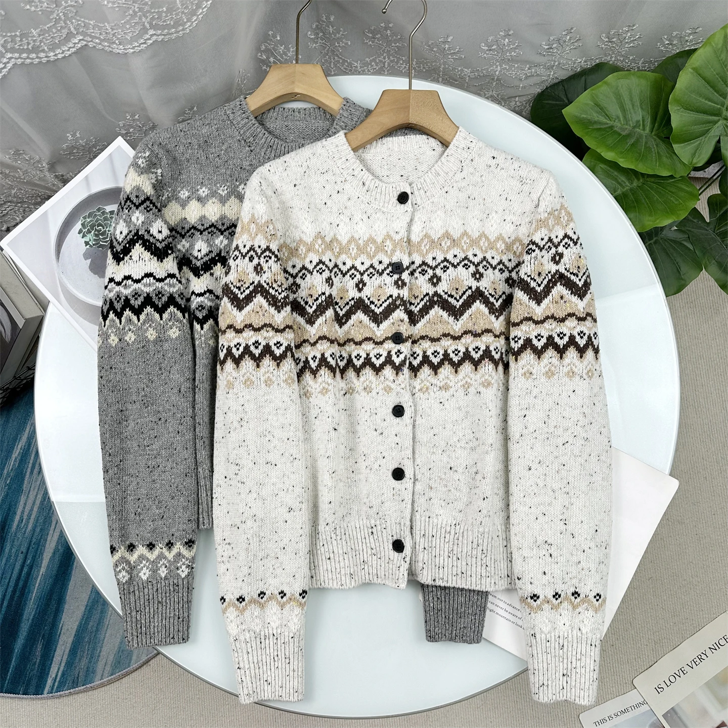

Женский вязаный кардиган свободного кроя с узором Fair Isle, универсальный, удобный, для повседневной носки, с длинными рукавами, круглый вырез, осень-зима