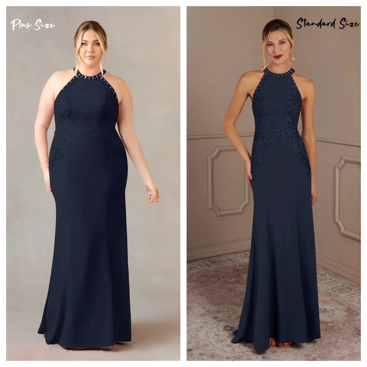 

Plus Size Women O Neck Sleeveless Sheath Chiffon Wedding Party Dresses Dark Navy Mermaid Halter Lace Stretch Crepe
