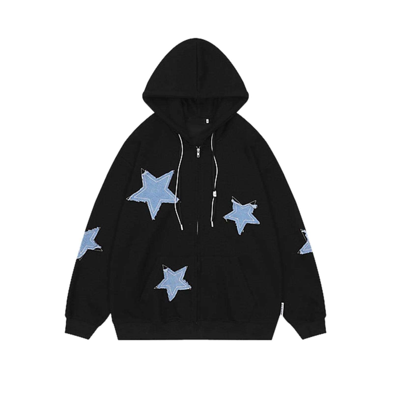 Women\'S Autumn Trendy Vintage Star Patch Zip Up Hooded Jacket Loose Casual Couple Hoodie Hoodies For Women Casual Button