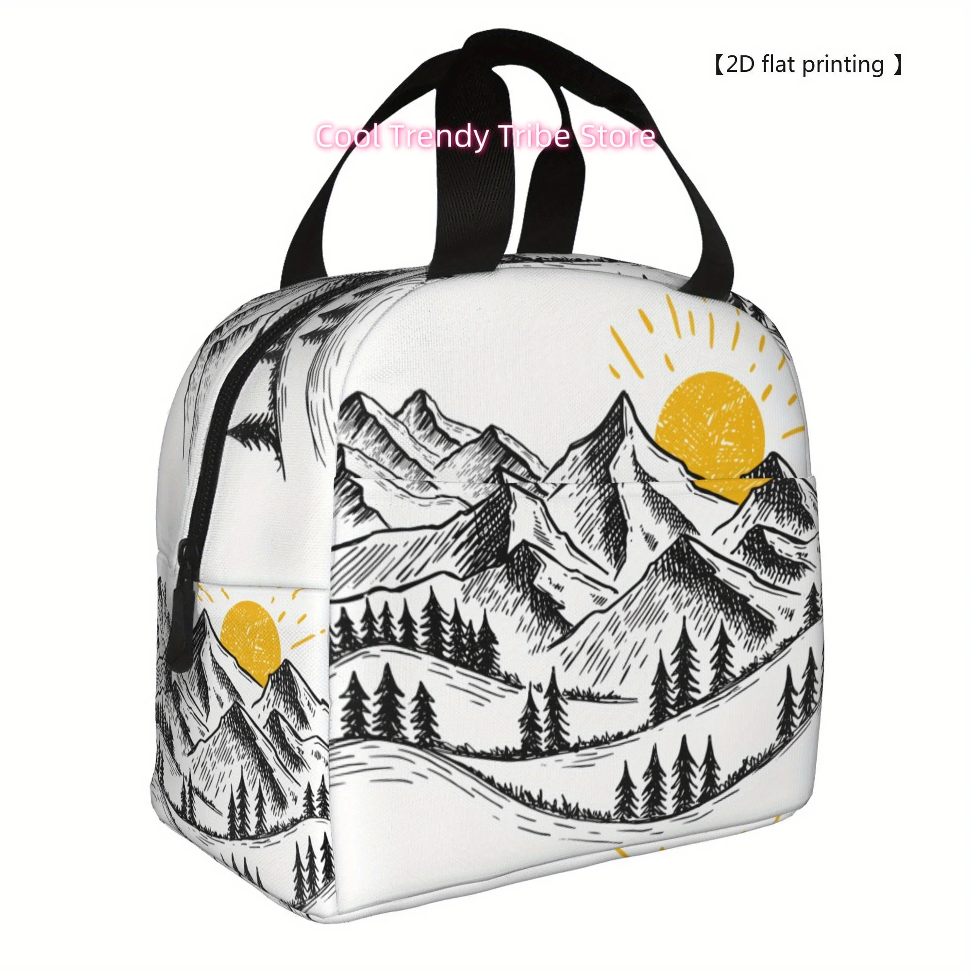 1pc [ 2D flat printing] Sunrise in the mountains Portable Reusable Cooler Bag, Lunch bag Boxed meal package top - handle bag lun
