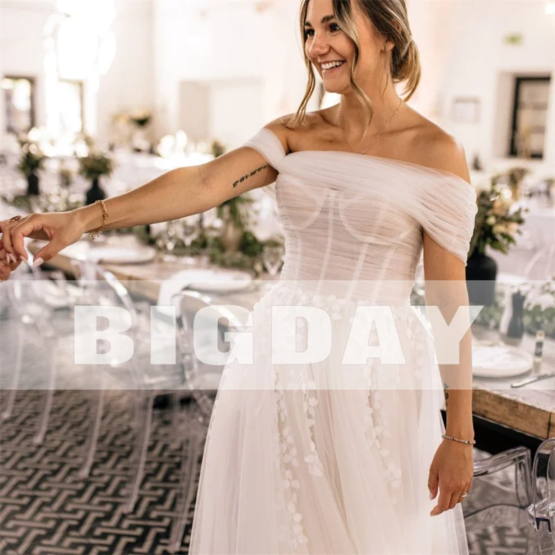 Eleganti abiti da sposa a-line donna plissettato in pizzo aperto sul retro con spalle scoperte abito da sposa diviso in Tulle Sweep Train Vestidos De Noiva