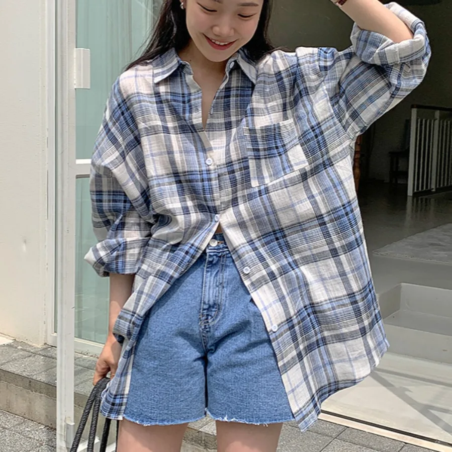 Chic Autumnal Lazy Boyfriend Style Retro Loose Versatile Mid-Length Cotton Linen Plaid Shirt Jacket Top Casual Loose Fit Butt...