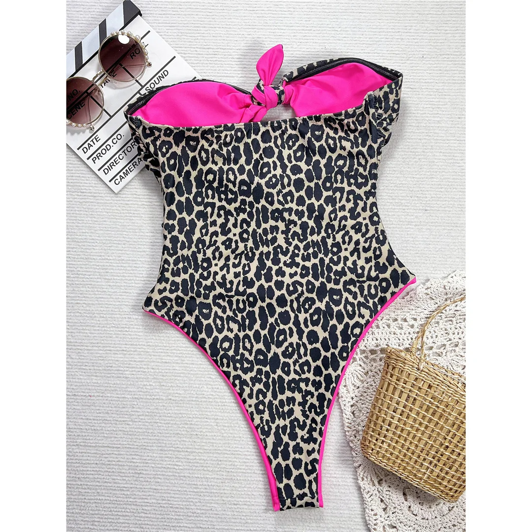 Leopard-Bandeau-Badeanzug mit Ausschnitten und Knoten, einteiliger Badeanzug für Damen, Badebekleidung für Frauen, Monokini mit hohem Beinausschnitt, Badeanzug, Schwimmanzug V7151 – Detail 5
