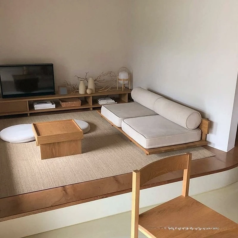 

Диван из массива дерева в японском стиле для гостиной, с тканевой обивкой татами, съемными и моющимися чехлами, двухместный, трехместный, напольный, из натурального дерева.