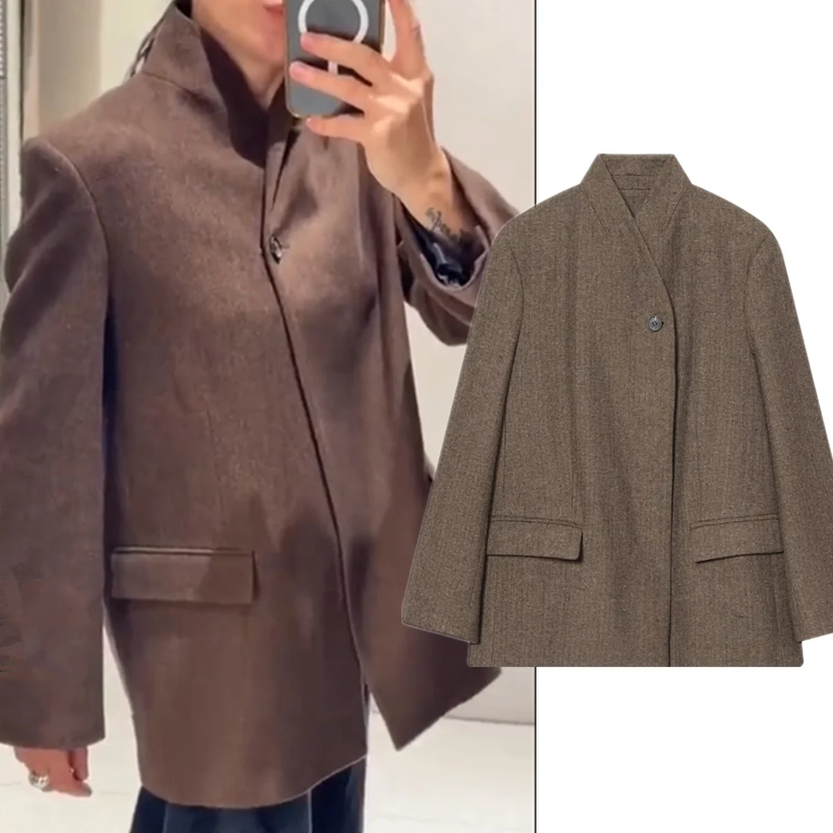 Dave&Di Giacca da donna Abbigliamento donna Top 2026 Blazer moda Donna Blazer Giacca da abito con colletto alla coreana in lana testurizzata minimalista