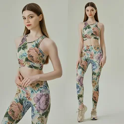 2Pcs Gym Set Women Workout Flower Print Yoga Suit Quick Dry Running Legging Fitness Bra Short-sleeved Sports Suit