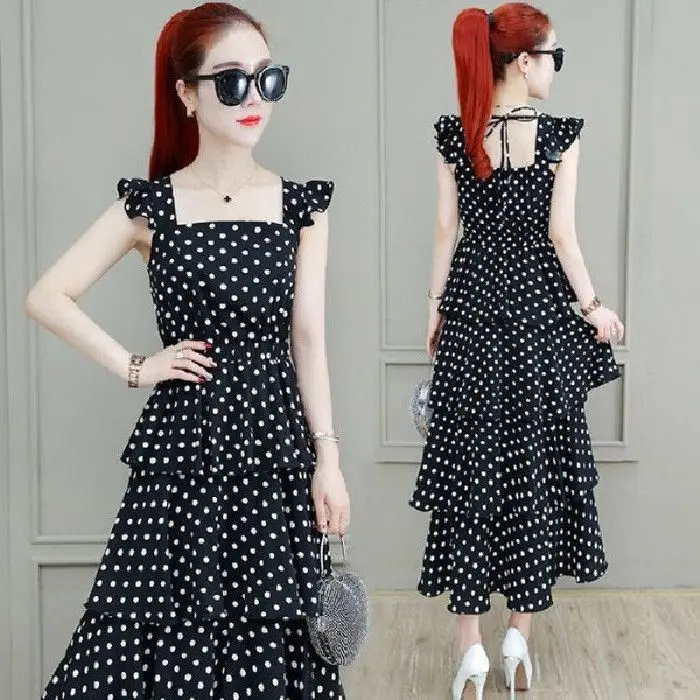 

Elegant Square Collar Lace Up Bow Polka Dot Cake Sleeveless Women's Clothing 2024 Summer New Loose Butterfly Sleeve Floral Dress