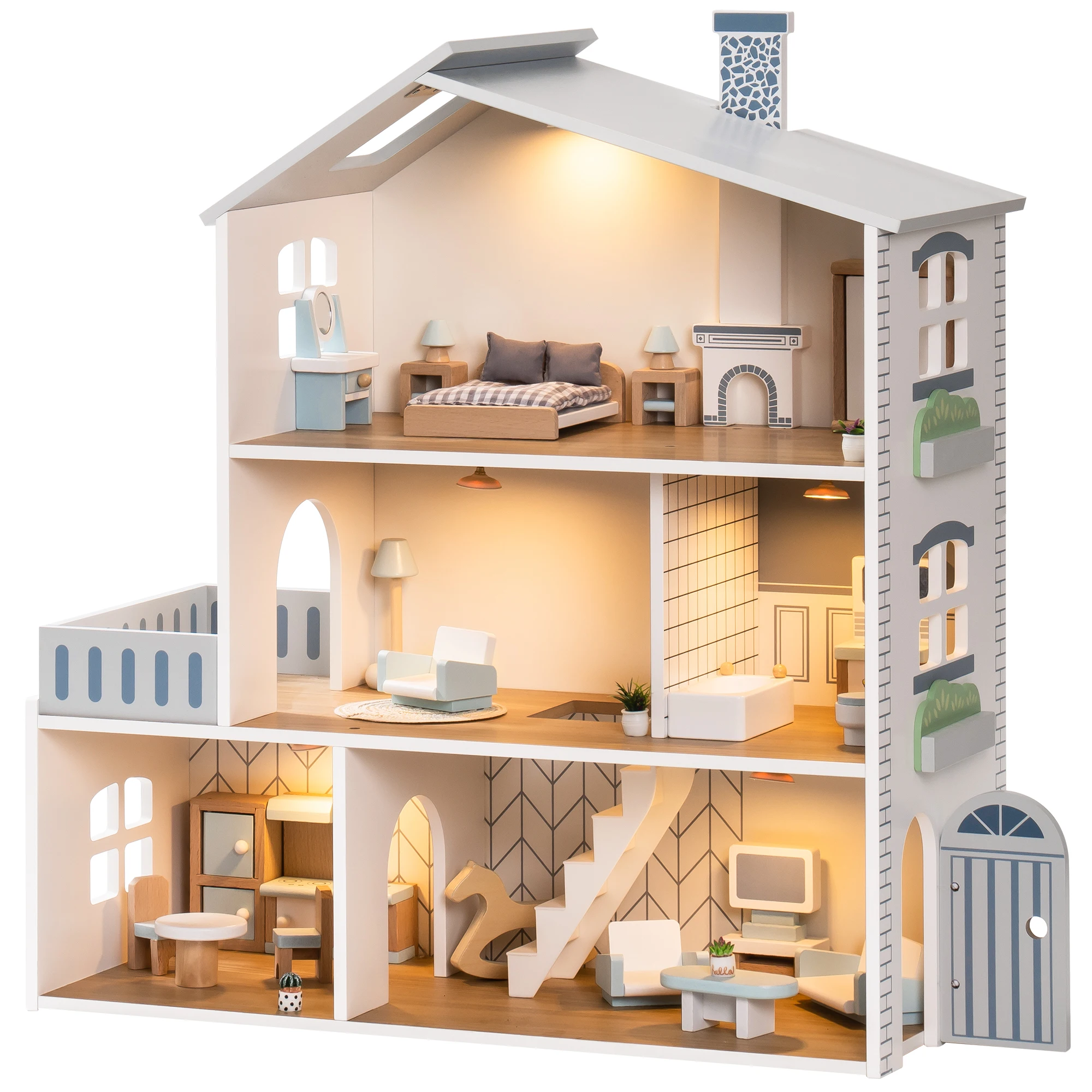 Robud Wooden Dollhouse 6 Rooms 29 Realistic Accessories 4-6