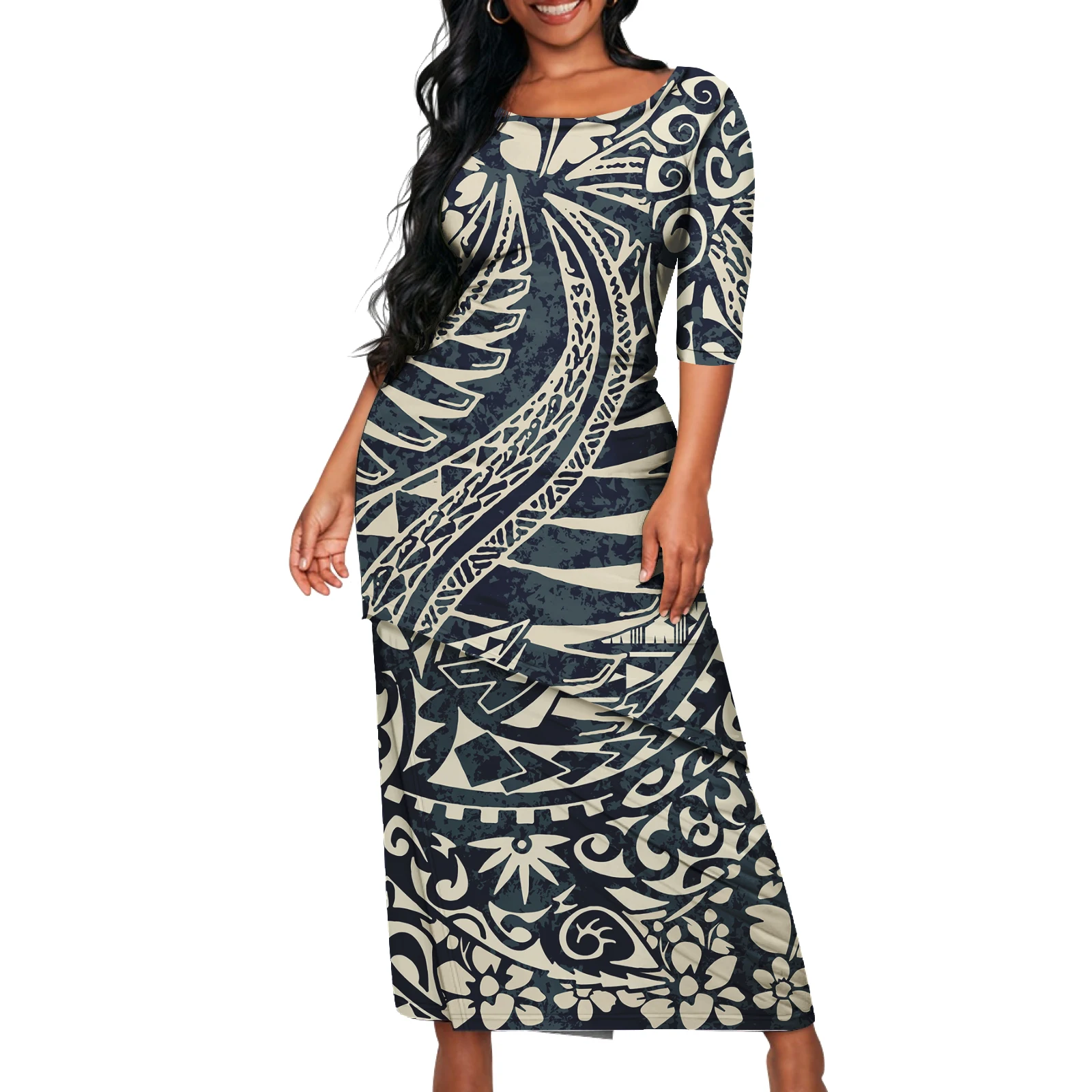 Samoan Puletasi Plus Size Women\'s Clothing Tonga Fiji Tribal Maxi Dress Asia & Pacific Island Dress 2pcs Crewneck Womens Dress